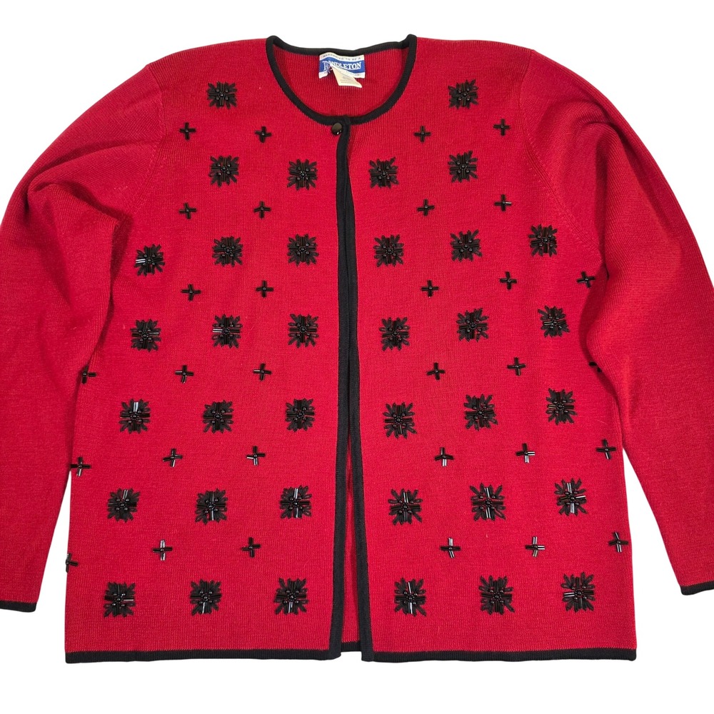 Vintage PENDLETON Womens M Red Beaded Wool Open Cardigan Sweater Classic Holiday